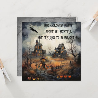 Scary Pumpkinhead & Haunted Houses Halloween Invitation