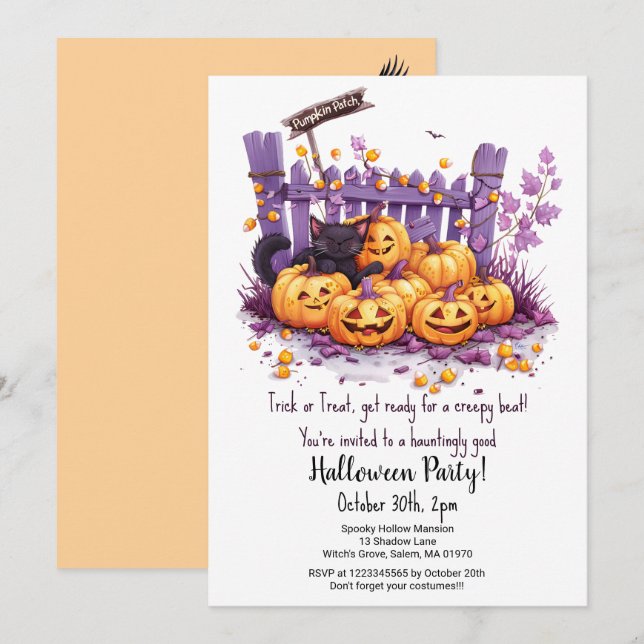 Scary Pumpkins Cute Black Cat Halloween Party  Invitation (Front/Back)