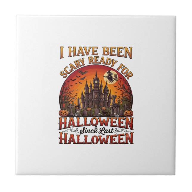 Scary Ready Halloween Haunted Castle Witch Pumpkin Tile (Front)