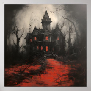 scary red acrylic haunted house Halloween print