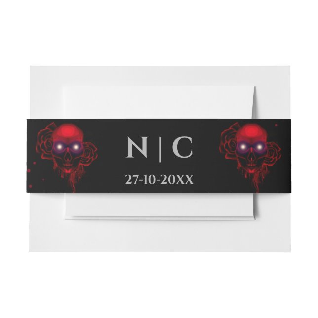 Scary red floral dark moody gothic skull Halloween Invitation Belly Band (Front Example)