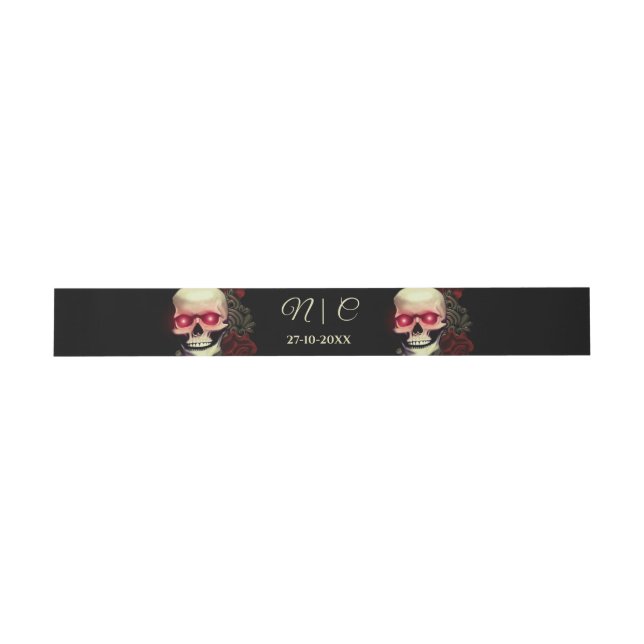 Scary red floral dark moody gothic skull Halloween Invitation Belly Band (Flat)