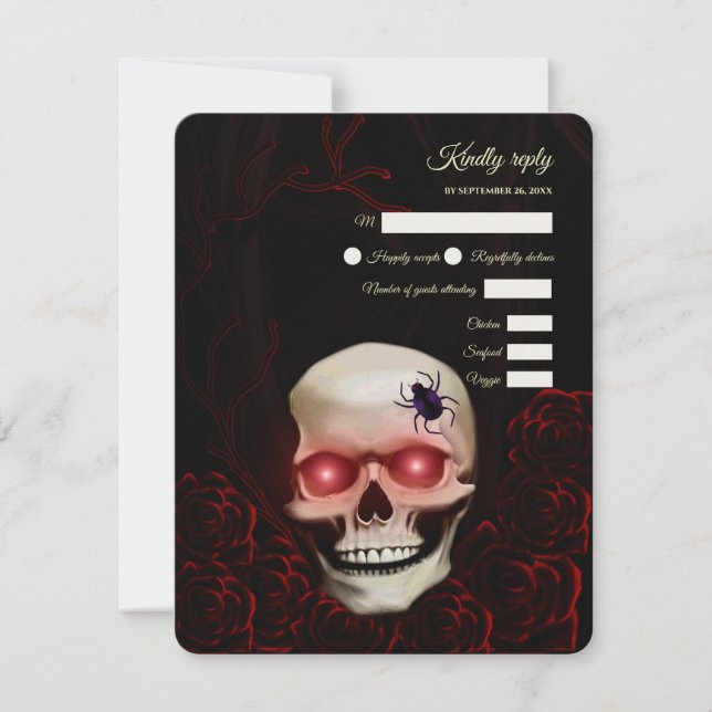 Scary red floral dark moody gothic skull halloween RSVP card (Front)