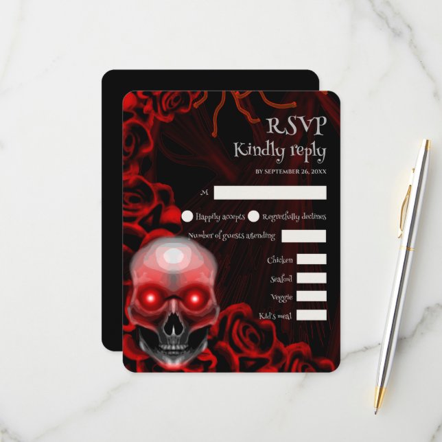 Scary red floral dark moody gothic skull halloween RSVP card (Front/Back In Situ)