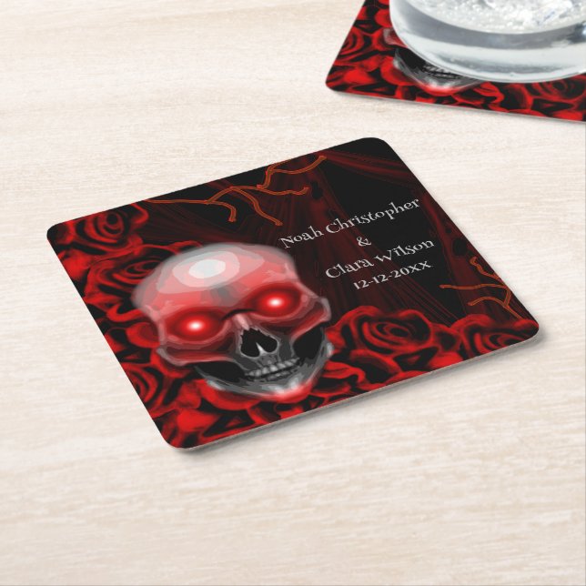 Scary red floral dark moody gothic skull halloween square paper coaster (Angled)