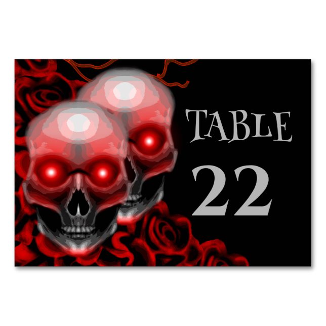 Scary Red floral dark moody gothic skull Halloween Table Number (Front)