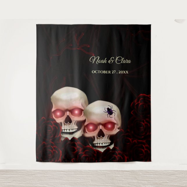 Scary red floral dark moody gothic skull Halloween Tapestry (Front)