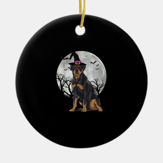 Scary Rottweiler Dog Witch Hat Halloween Ceramic Tree Decoration (Front)