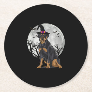 Scary Rottweiler Dog Witch Hat Halloween Round Paper Coaster