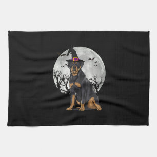 Scary Rottweiler Dog Witch Hat Halloween Tea Towel