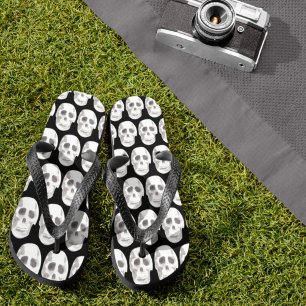 Scary Scull Black & White Pattern Happy Halloween Flip Flops
