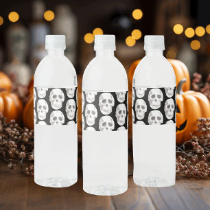 Scary Scull Black & White Pattern Happy Halloween Water Bottle Label