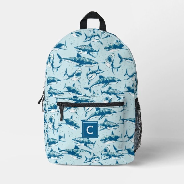 Scary Shark Pattern Aqua Blue Monogram  Printed Backpack (Front)