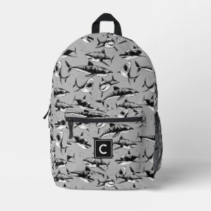 Scary Shark Pattern Black Monogram  Printed Backpack