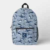 Scary Shark Pattern Blue Monogram 