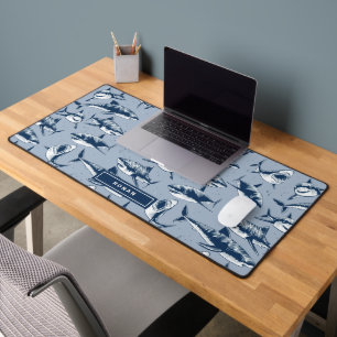 Scary Shark Pattern Kids Name   Blue Desk Mat