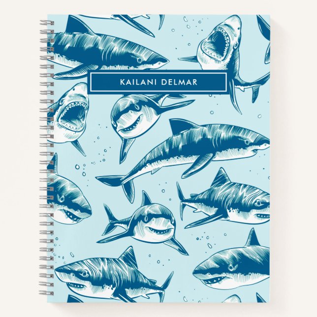 Scary Shark Pattern Name Aqua Kids Notebook (Front)