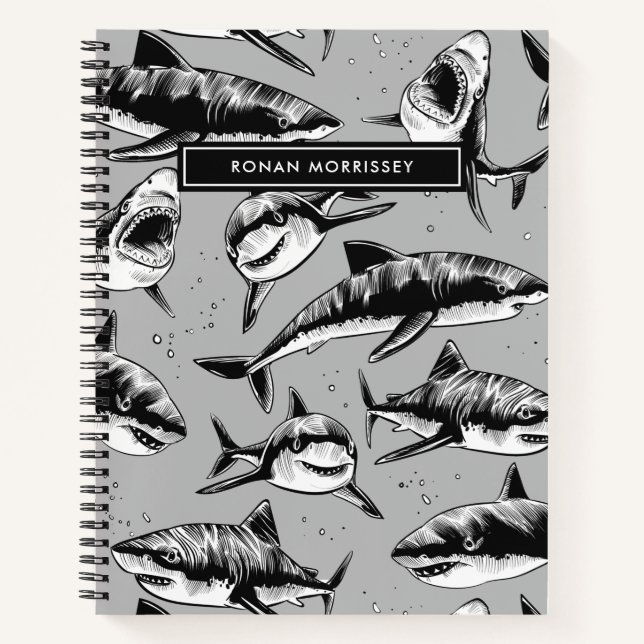 Scary Shark Pattern Name Black Kids Notebook (Front)