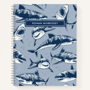 Scary Shark Pattern Name Blue Kids Notebook
