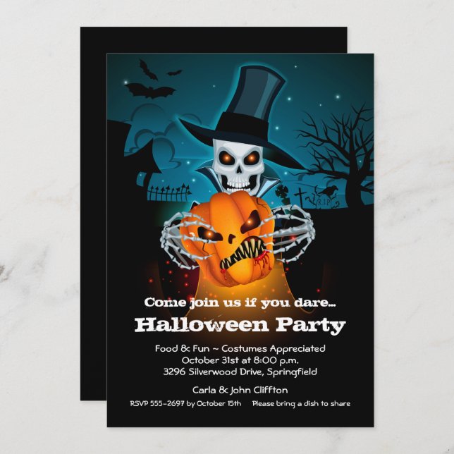 Scary Skeleton and Pumpkin Halloween Invitations (Front/Back)