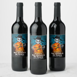 Scary Skeleton and Pumpkin Halloween Wine Label