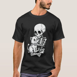 Scary Skeleton Hugging A Cat Funny Halloween Trick T-Shirt