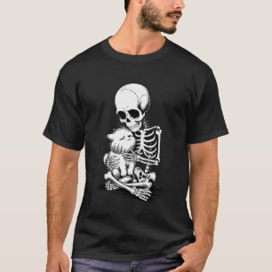 Scary Skeleton Hugging a Cat Funny Lazy Halloween T-Shirt