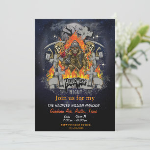 Scary Skeleton In Night Halloween Party  Invitation