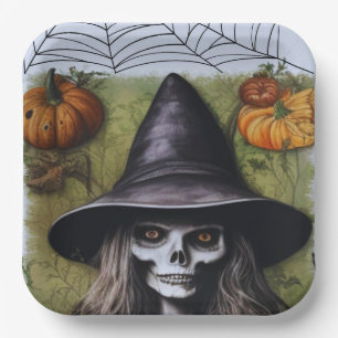 Scary Skeleton Witch for a Creepy Halloween Party Paper Plate
