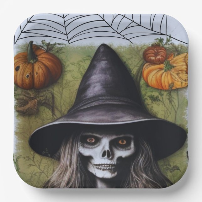 Scary Skeleton Witch for a Creepy Halloween Party Paper Plate (Front)