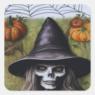 Scary Skeleton Witch for a Creepy Halloween Party Square Sticker