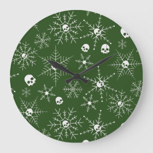 Scary skull Creepmas Christmas Snowflakes green Large Clock