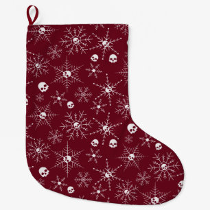 Scary skull Creepmas Christmas Snowflakes red Large Christmas Stocking