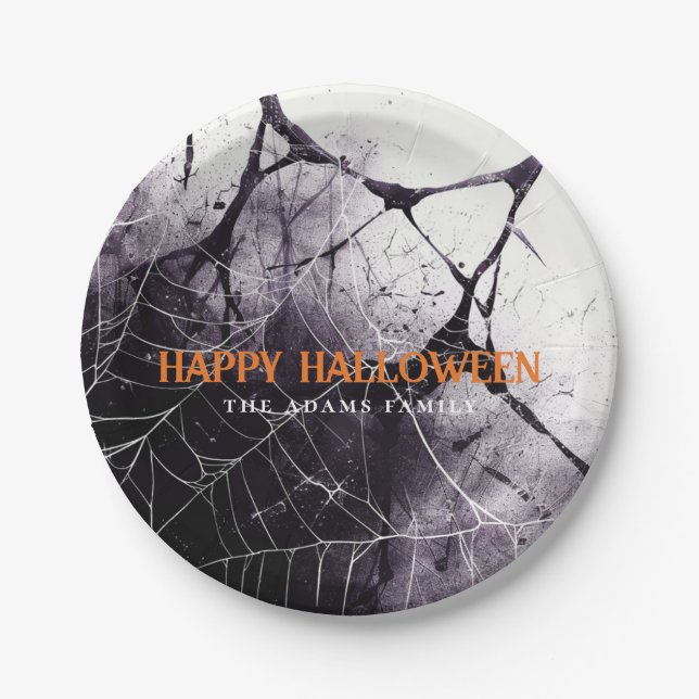 Scary Spider Web Happy Halloween Custom Name Paper Plate (Front)