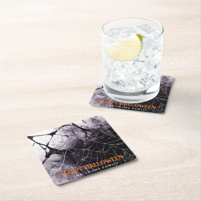 Scary Spider Web Happy Halloween Custom Name Square Paper Coaster (Insitu)