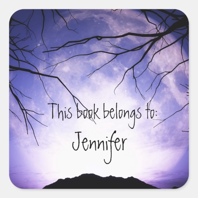 Scary Spook Moon Forest Trees Night Sky Bookplate Square Sticker (Front)