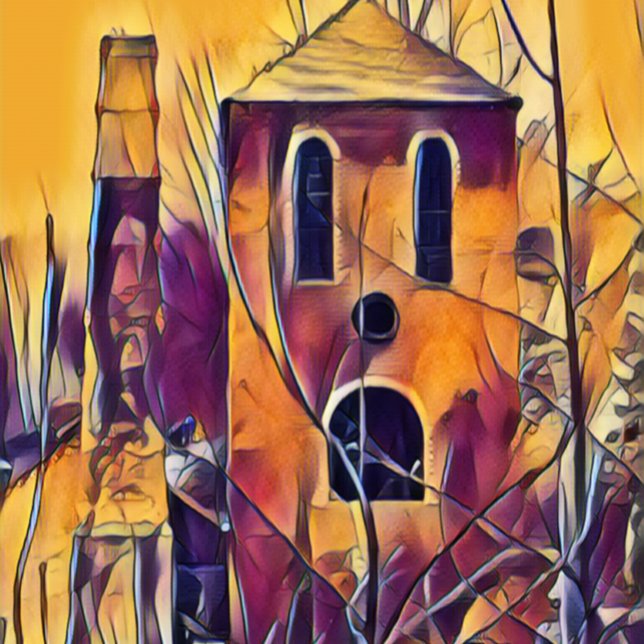 SCARY SPOOKY FUN WRAPPING PAPER SHEET (A funny art design of part of an old derelict Victorian blast furnace building.)