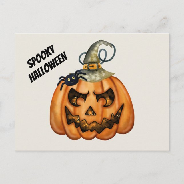 Scary Spooky Halloween Pumpkin with Spider Postcard (Front)