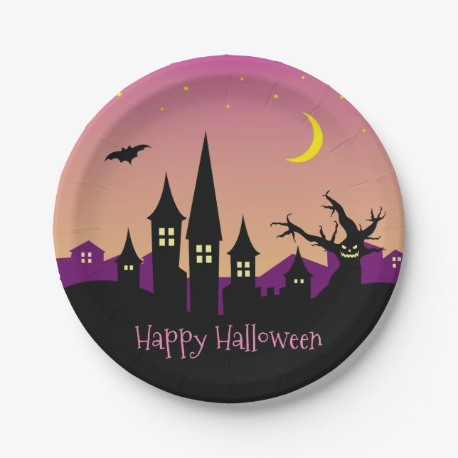 Scary Spooky Haunted House Purple Halloween Party Paper Plate (Front)