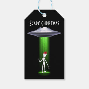 Scary UFO Christmas Alien White Green Beam Gift Tags