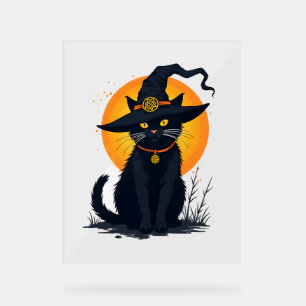 Scary Vintage Black Cat with Witch Hat Full Moon - Acrylic Sign
