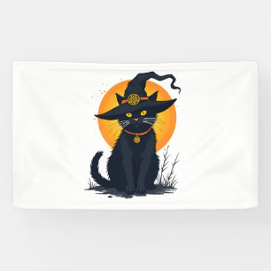 Scary Vintage Black Cat with Witch Hat Full Moon - Banner