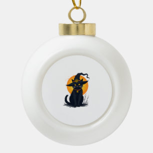 Scary Vintage Black Cat with Witch Hat Full Moon - Ceramic Ball Christmas Ornament