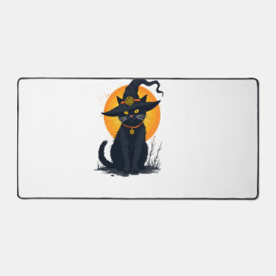 Scary Vintage Black Cat with Witch Hat Full Moon - Desk Mat