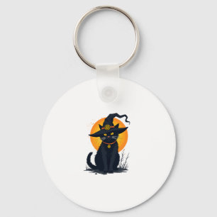 Scary Vintage Black Cat with Witch Hat Full Moon - Key Ring