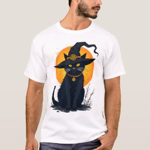 Scary Vintage Black Cat with Witch Hat Full Moon - T-Shirt