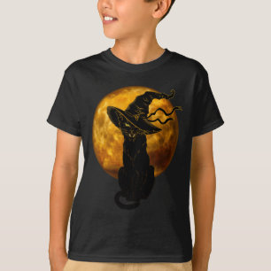 Scary Vintage Black Cat With Witch Hat Full Moon - T-Shirt