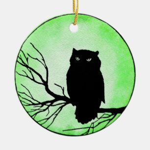 Scary Vintage Owl with Acid Green Watercolor Moon Ceramic Tree Decoration