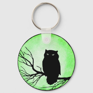 Scary Vintage Owl with Acid Green Watercolor Moon Key Ring