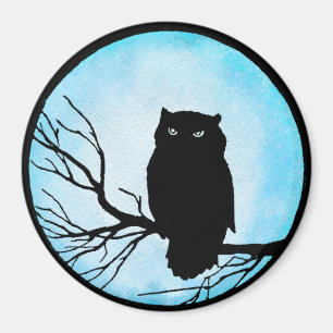 Scary Vintage Owl with Silver Blue Watercolor Moon Magnet